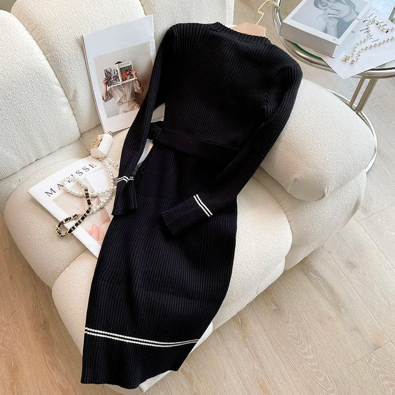 YuooMuoo 2023 Autumn Winter Women Knitted Dress Brand Fashion O-neck Buttons Bodycon Sweater Dress with Belt Lady Office Dress