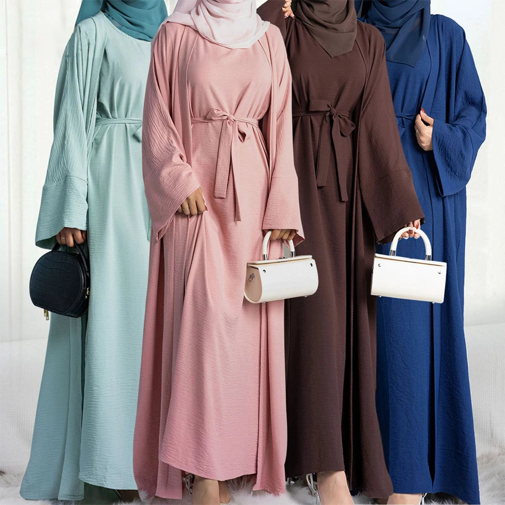 Women Open Abaya Kaftan Dubai Turkey 2 Piece Muslim's Set Luxury Islam Robe African Dress Kimono Morocco Clothing Caftan Fashion